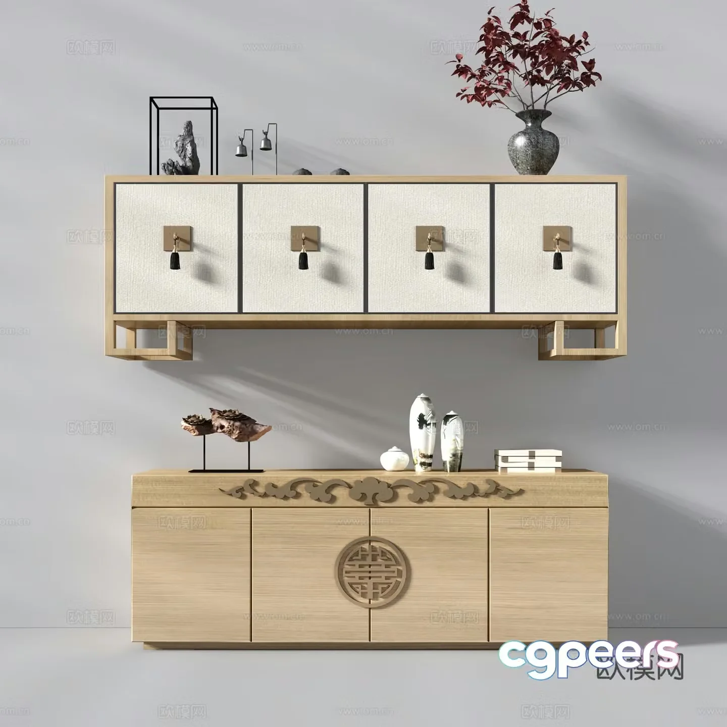New Chinese TV Cabinet Side Cabinet New Chinese Ornaments Wood carved ornaments TV Cabinet Ornaments Planting 3D Model