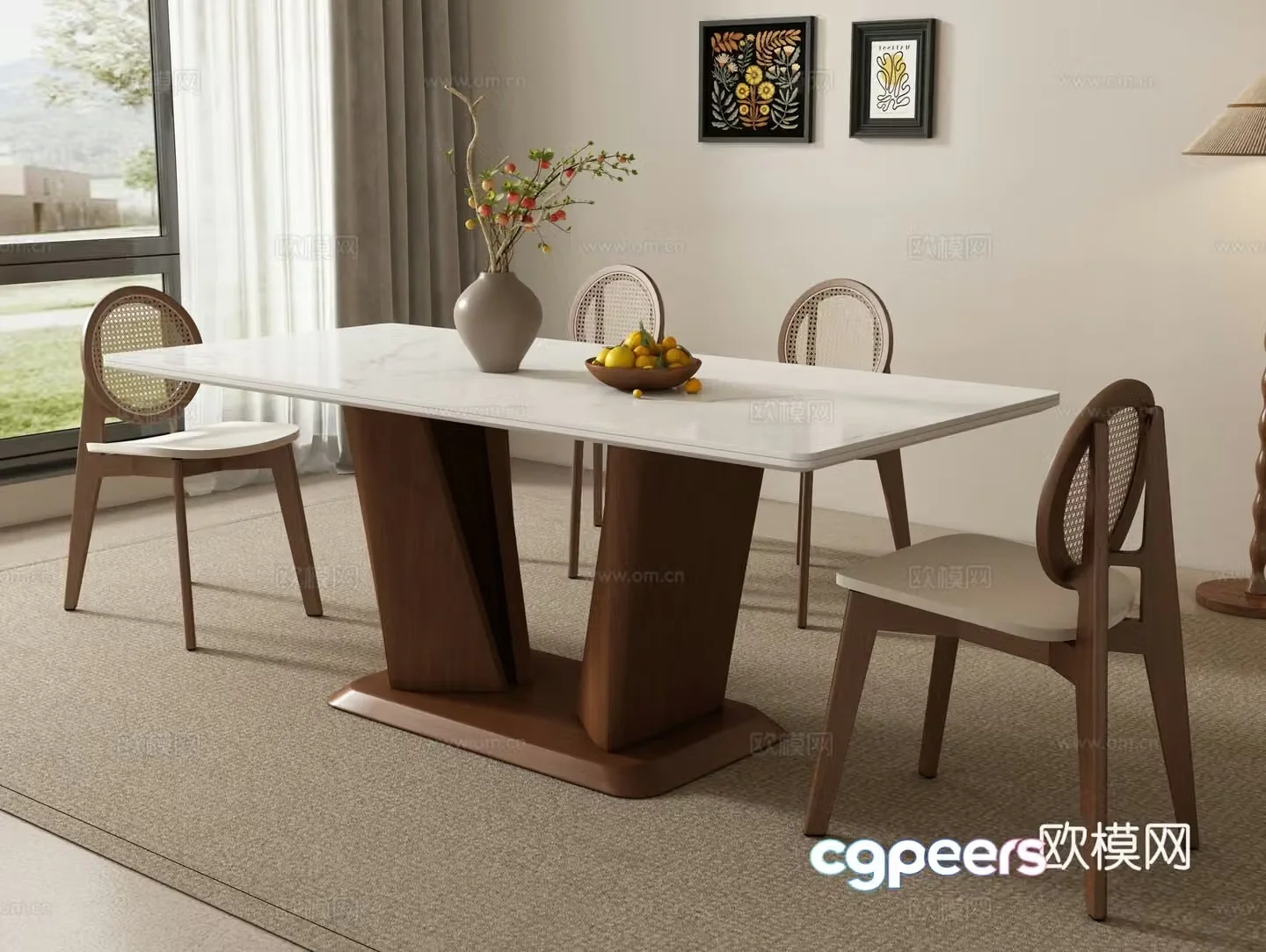 Medieval style dining table and chairs marble dining table 3d model