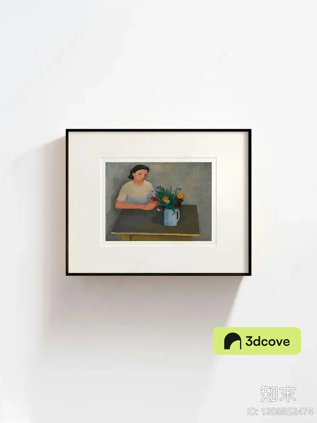 A Framed Painting Of A Woman Sitting At A Table With Flowers