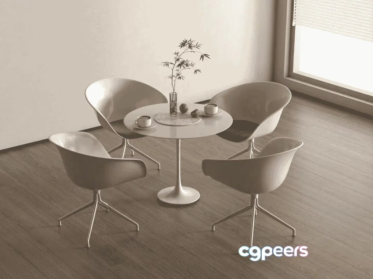 A White Table With Four Chairs 3D Model – 15603 – VRAY Render