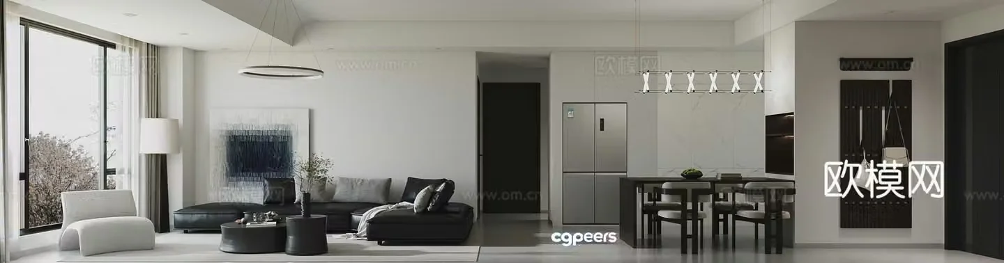 Modern living and dining room Minimalist living and dining room Black and white gray living and dining room 3D model