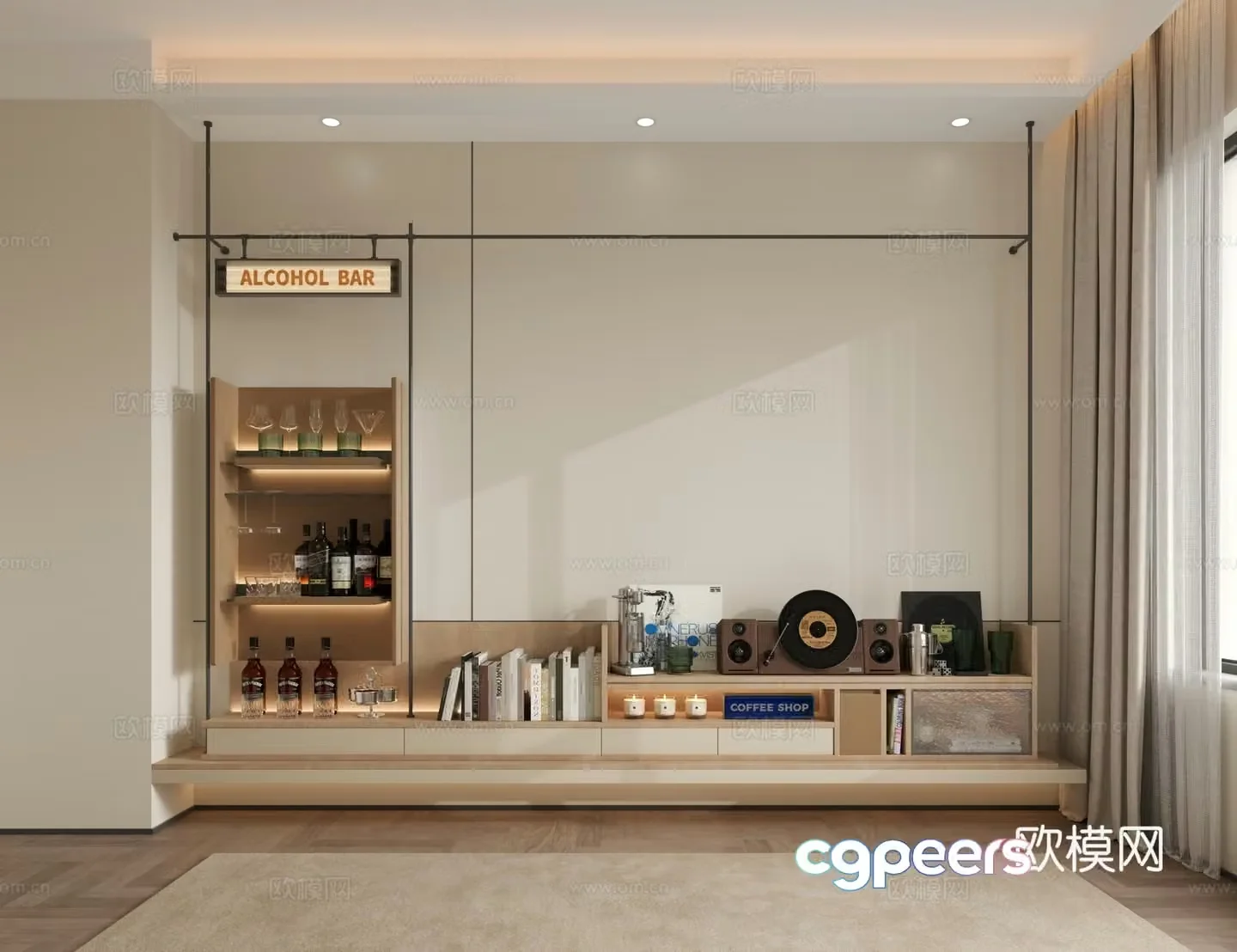 Decorative cabinet shelf light box bookshelves wine rack wine cup record machine audio storage 3d model