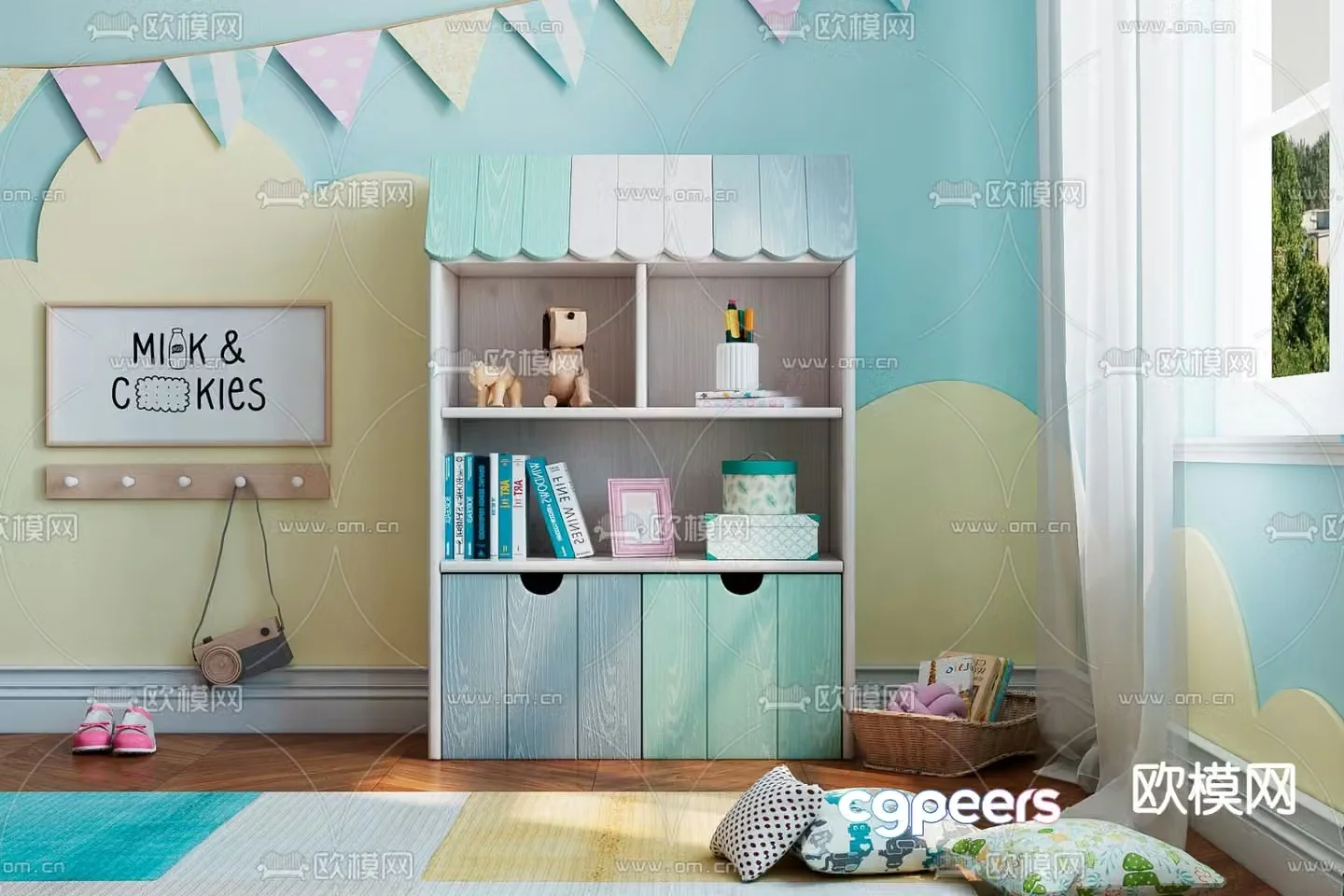 Modern macaron solid wood children’s bookcase 3d model