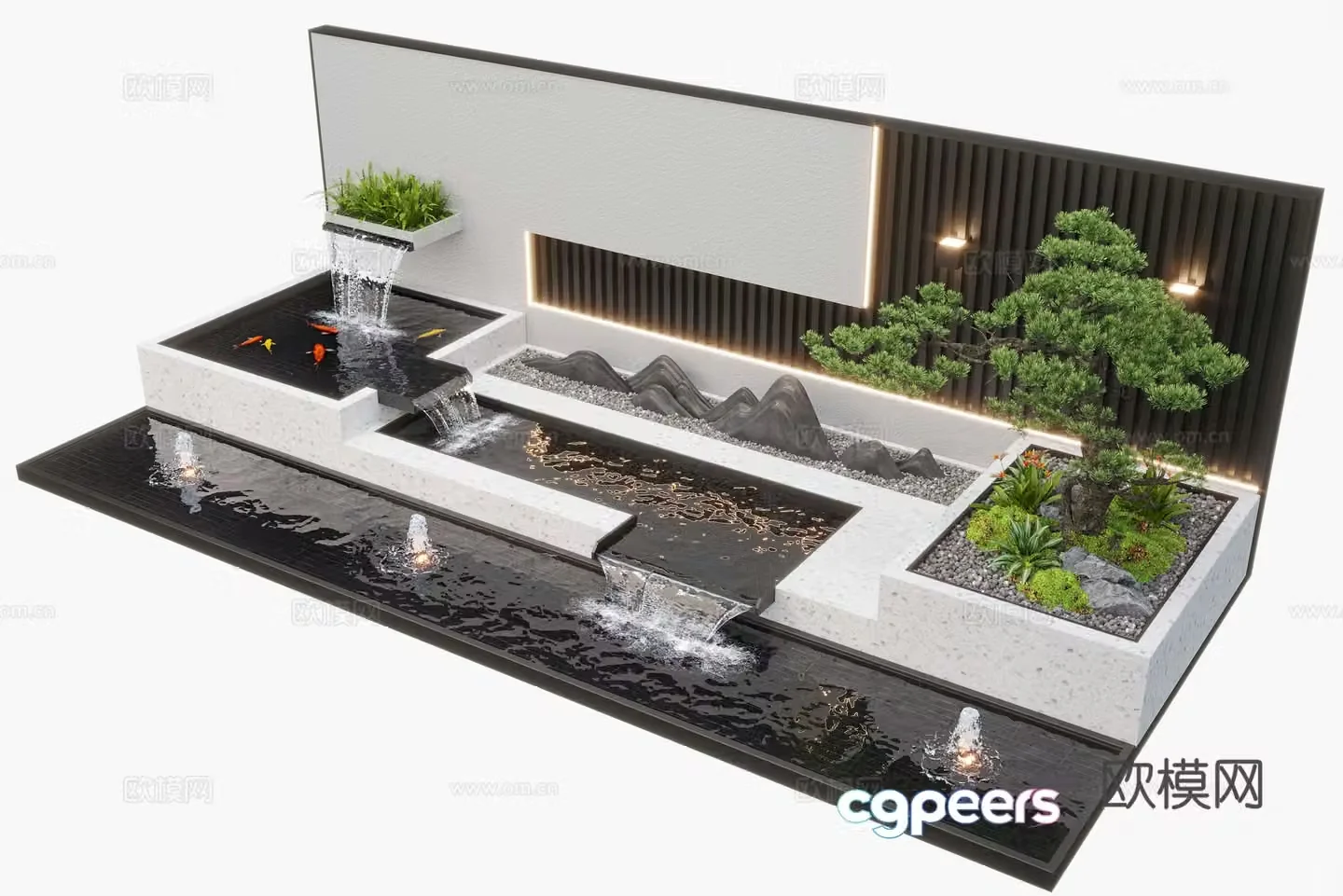 Modern courtyard waterscape waterscape wall stacked water plants landscape sketch fish pond 3d model