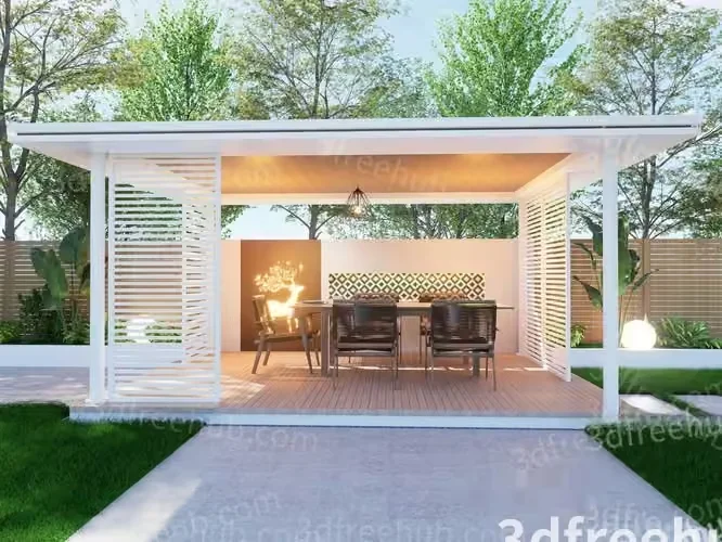 A White Pergola With A Dining Table 3D Model – 18954 – VRAY Render