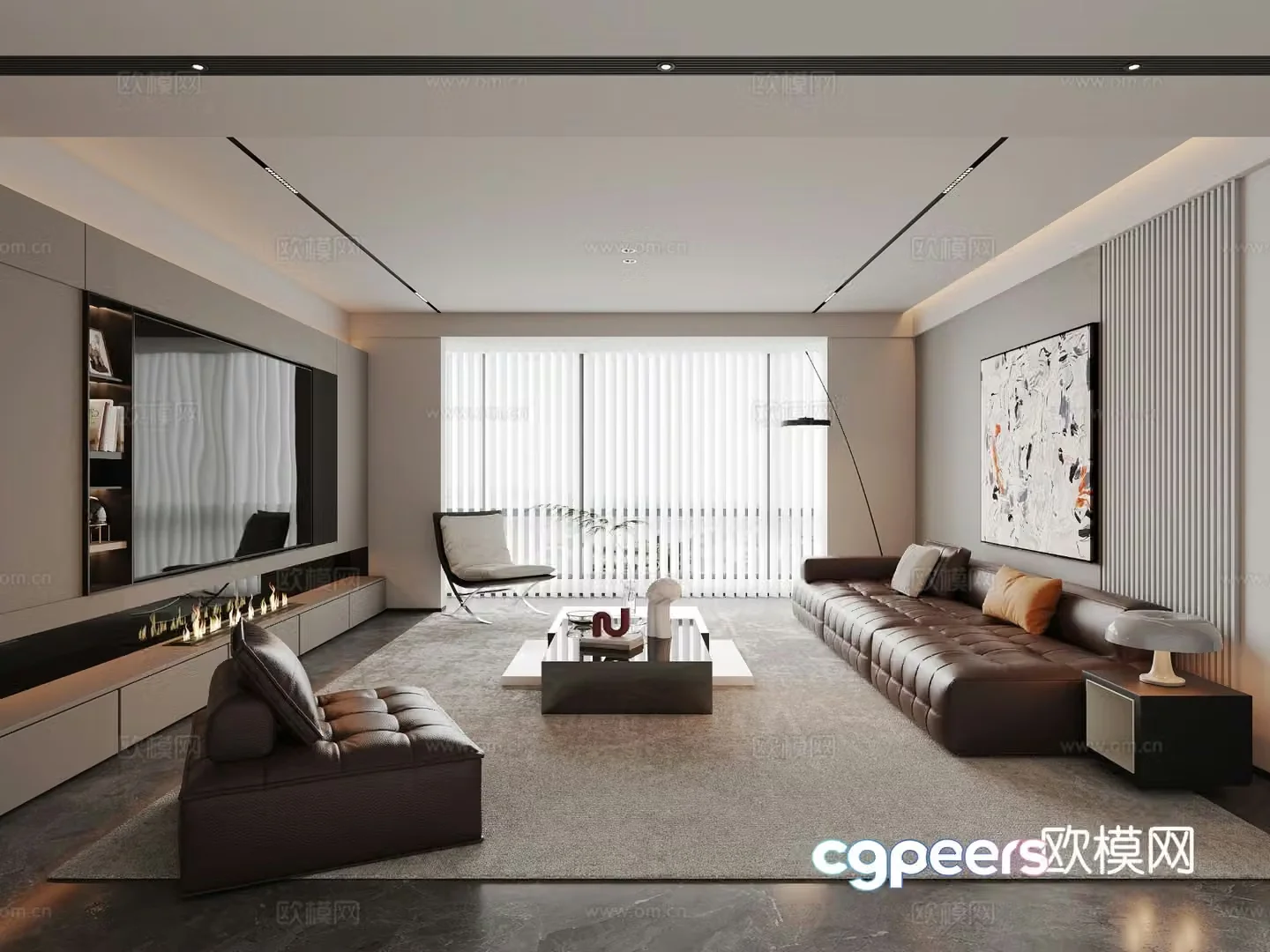 Italian living room sofa coffee table combination TV background wall fireplace fantasy linkage curtain 3D model
