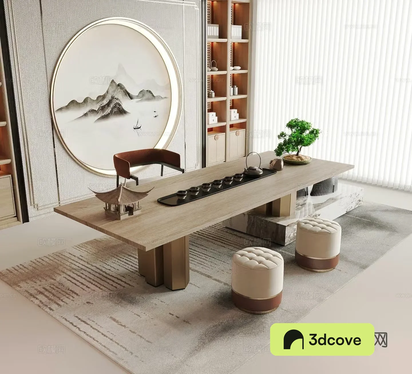 New Chinese style tea table and chairs background wall tea cabinet tea set tea room sofa stool