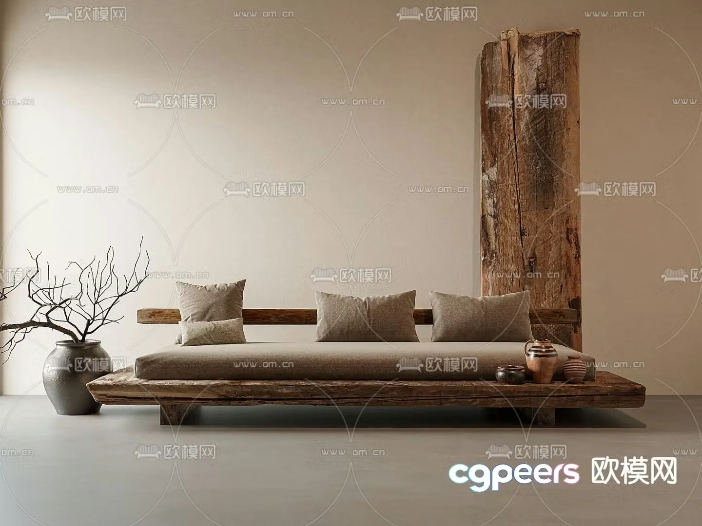 Wabi-sabi style three-seat sofa 3D model
