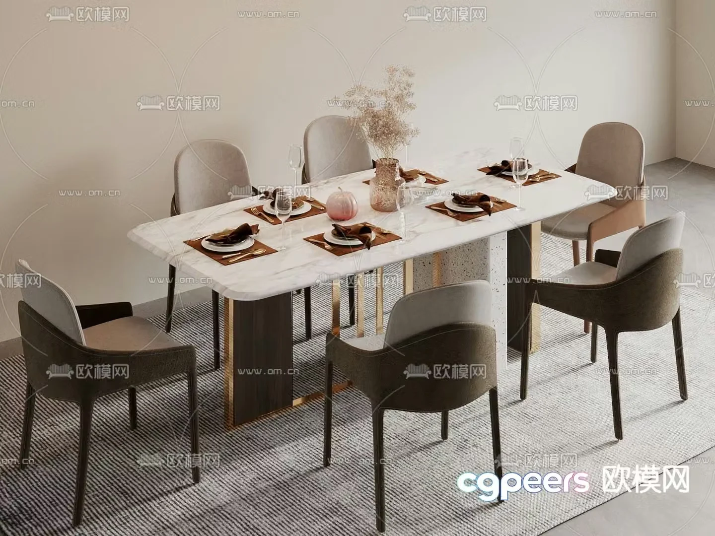 Light luxury dining table and chairs 3D model