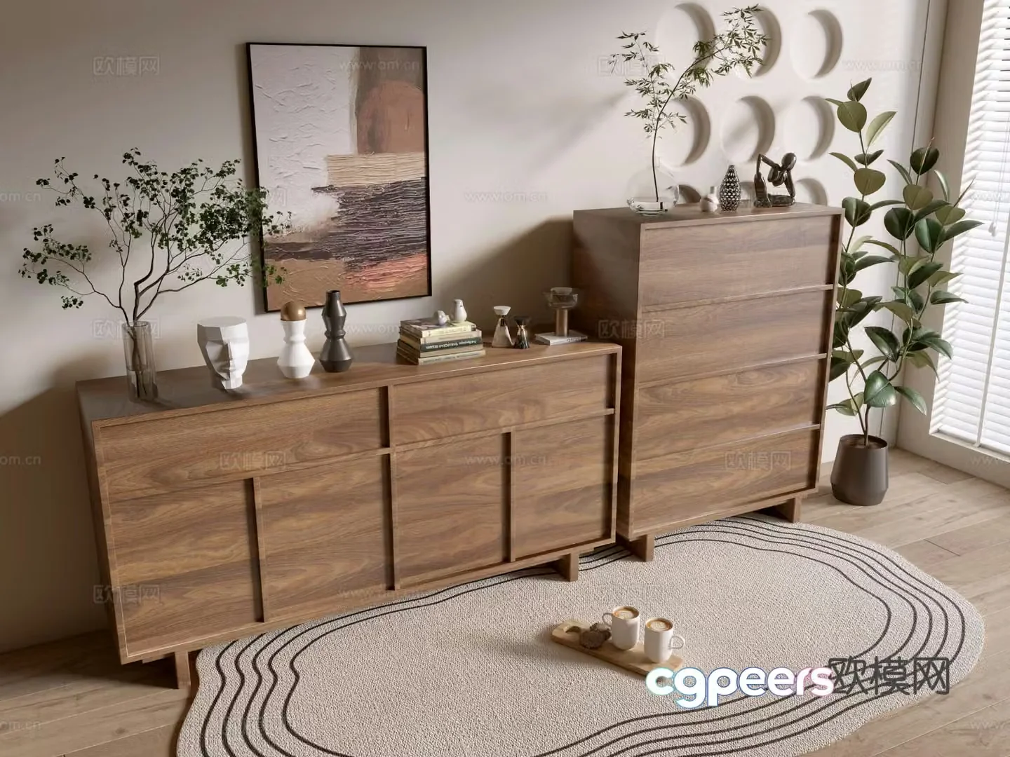 Log style entrance cabinet and side cabinet 3D model