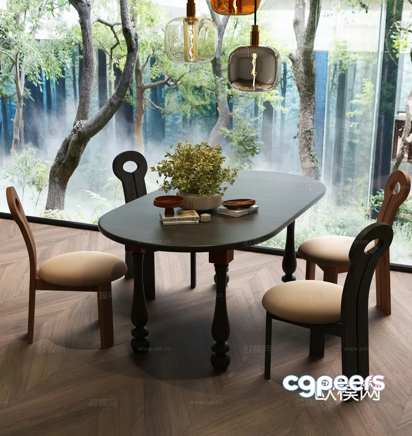 French medieval dining table and chair French retro dining table and chair Modern French dining table and chair combination 3D model