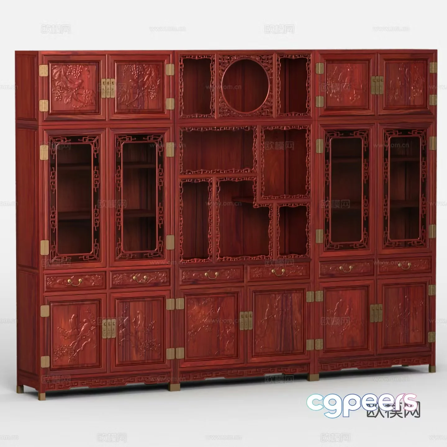 Chinese bookcase carved door panel hollow glass door solid wood mahogany 3D model