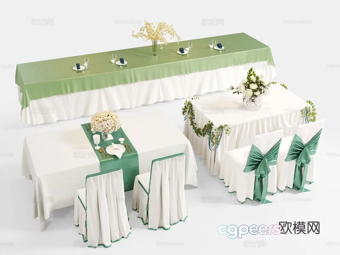 Modern tablecloth banquet table and chairs banquet long dining table dessert table 3D model
