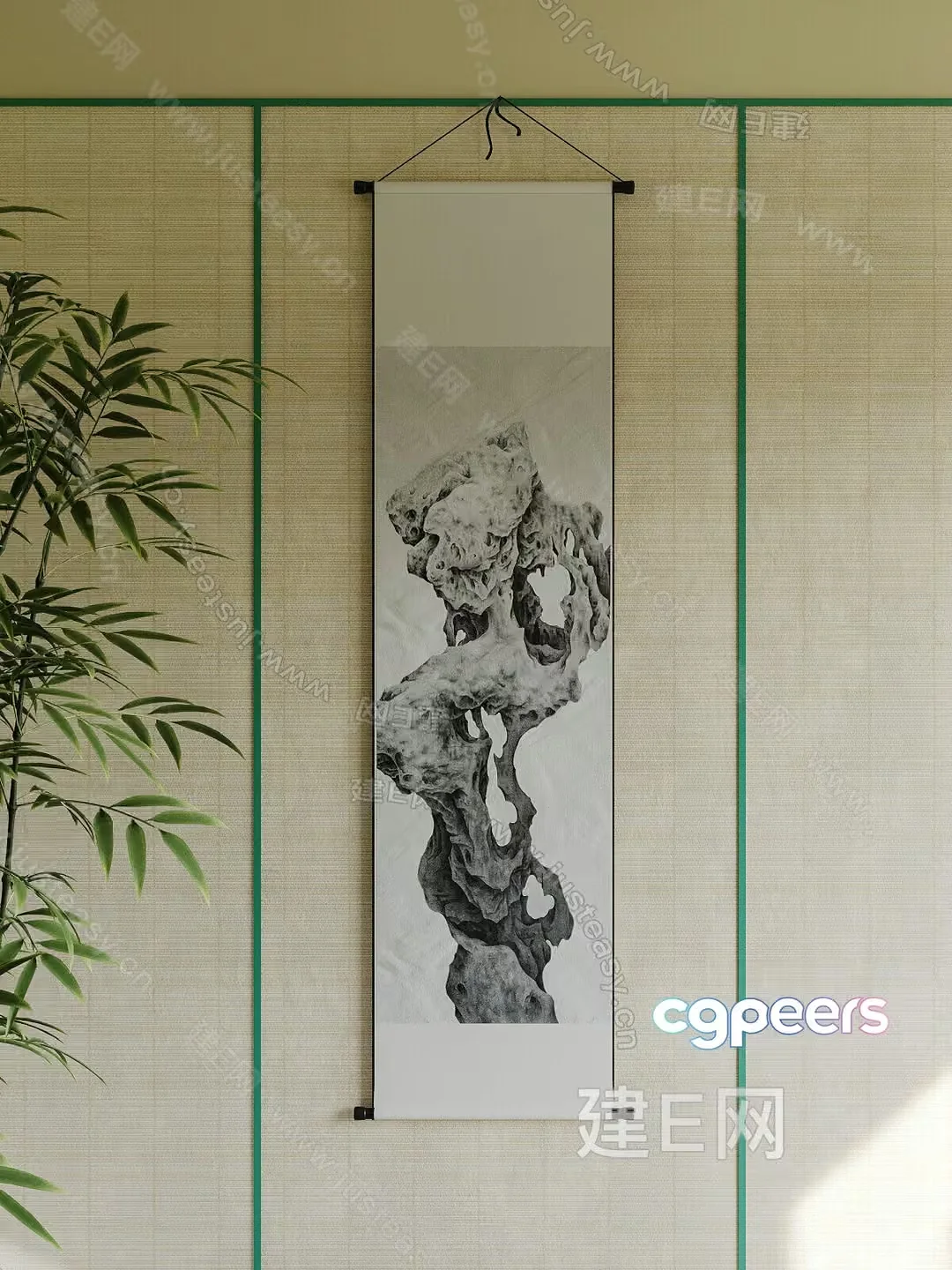 A Hanging Scroll With A Black And White Drawing Of A Tree 3D Model – 5266 – CORONA Render