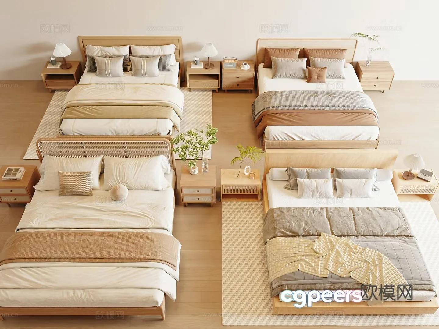 Log Wasabi Double Bed Solid Wood Bed Shelf Bed Fabric Bed Master Bed 3D Model
