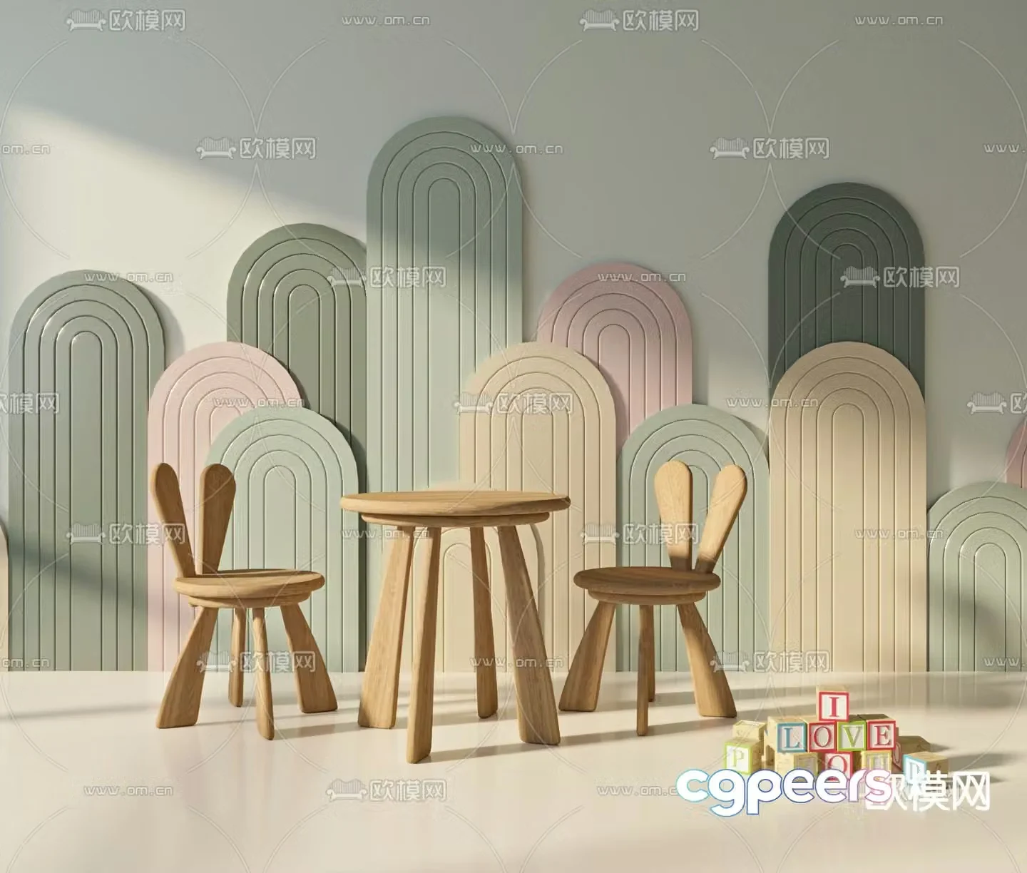 Modern solid wood children’s table and chair 3d model