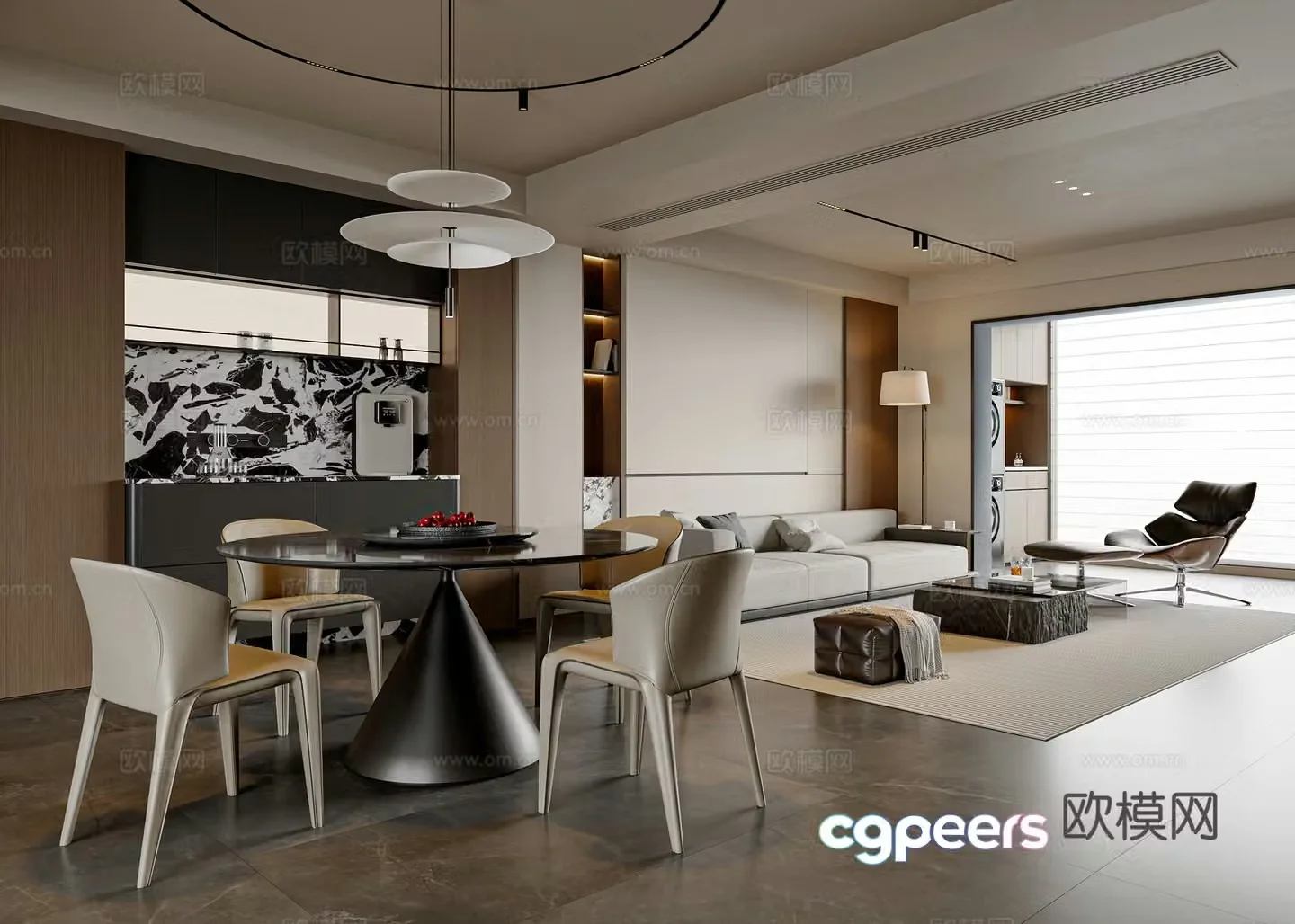 Modern simple living dining room round dining table and chair combination sideboard sofa and coffee table combination living room ornaments 3D model