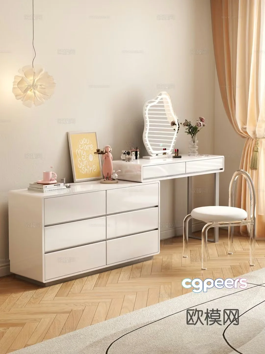 Cream style dressing table makeup stool combination dressing table makeup stool mirror decoration hanging painting 3D model