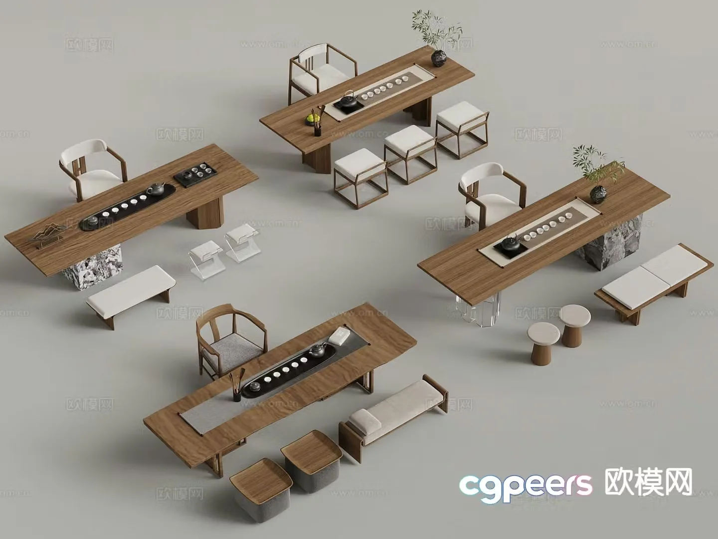 New Chinese style tea table and chairs tea set Bogu rack 3D model