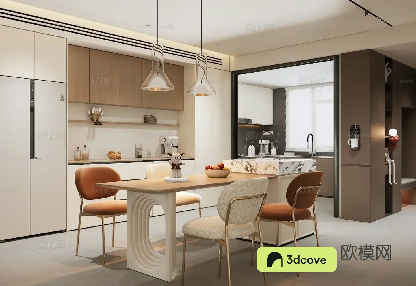 Creamy restaurant island dining table sideboard kitchen decorative cabinet chandeliers