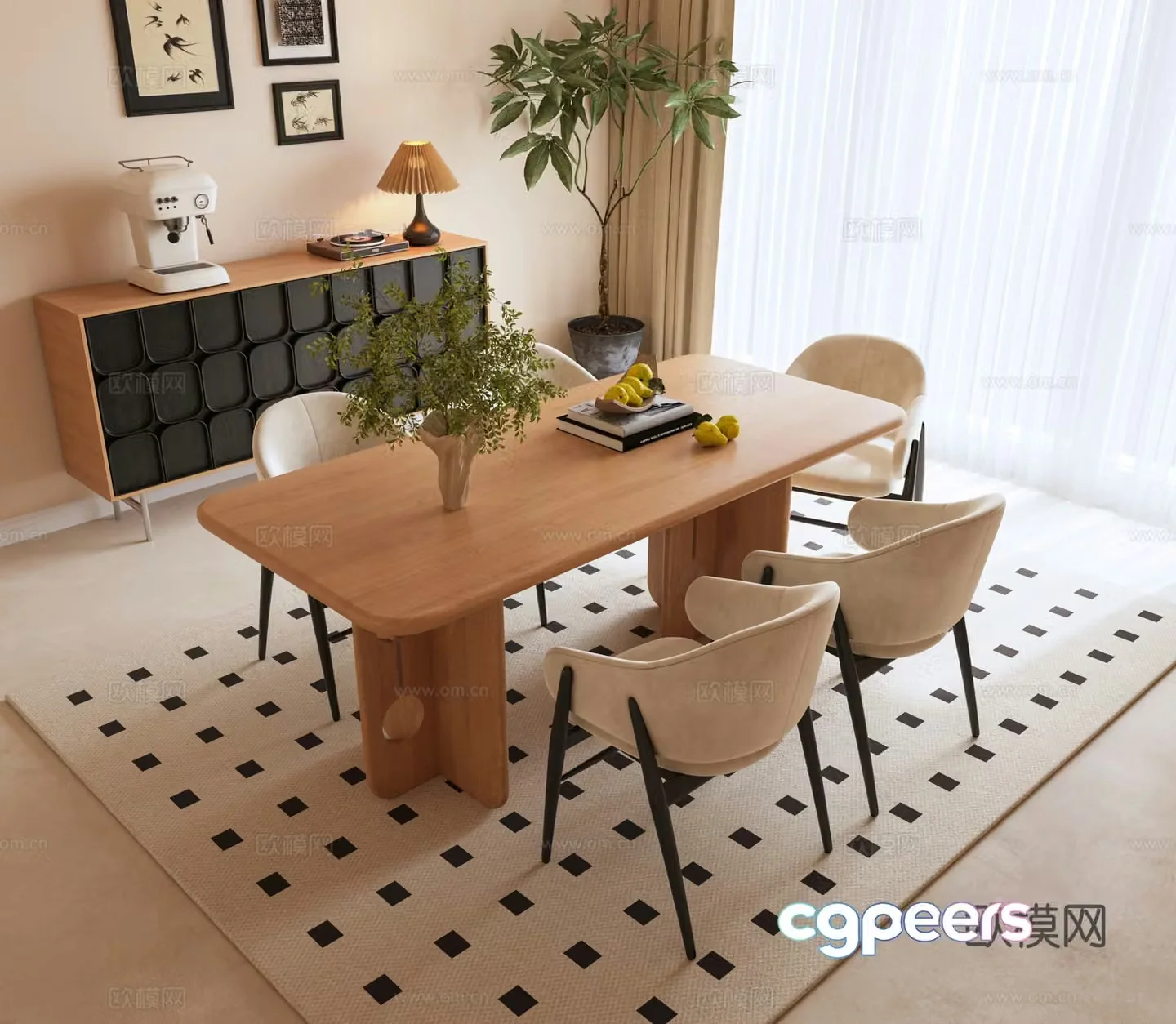 Modern dining table and chair combination Solid wood dining table and chair combination Cream restaurant Dining chair Long table Vase 3D model