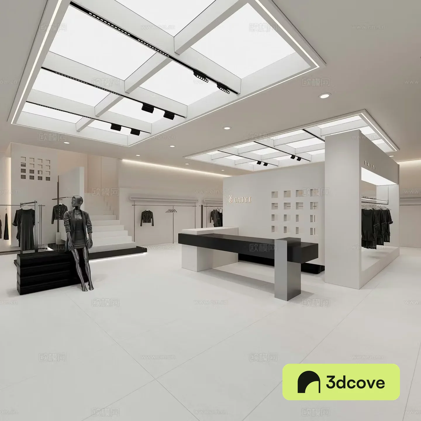 Modern minimalist women’s clothing store high-end black shop clothing shelves stairwell cashier background