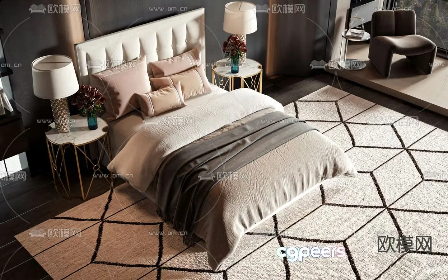 Light luxury double bed 3D model