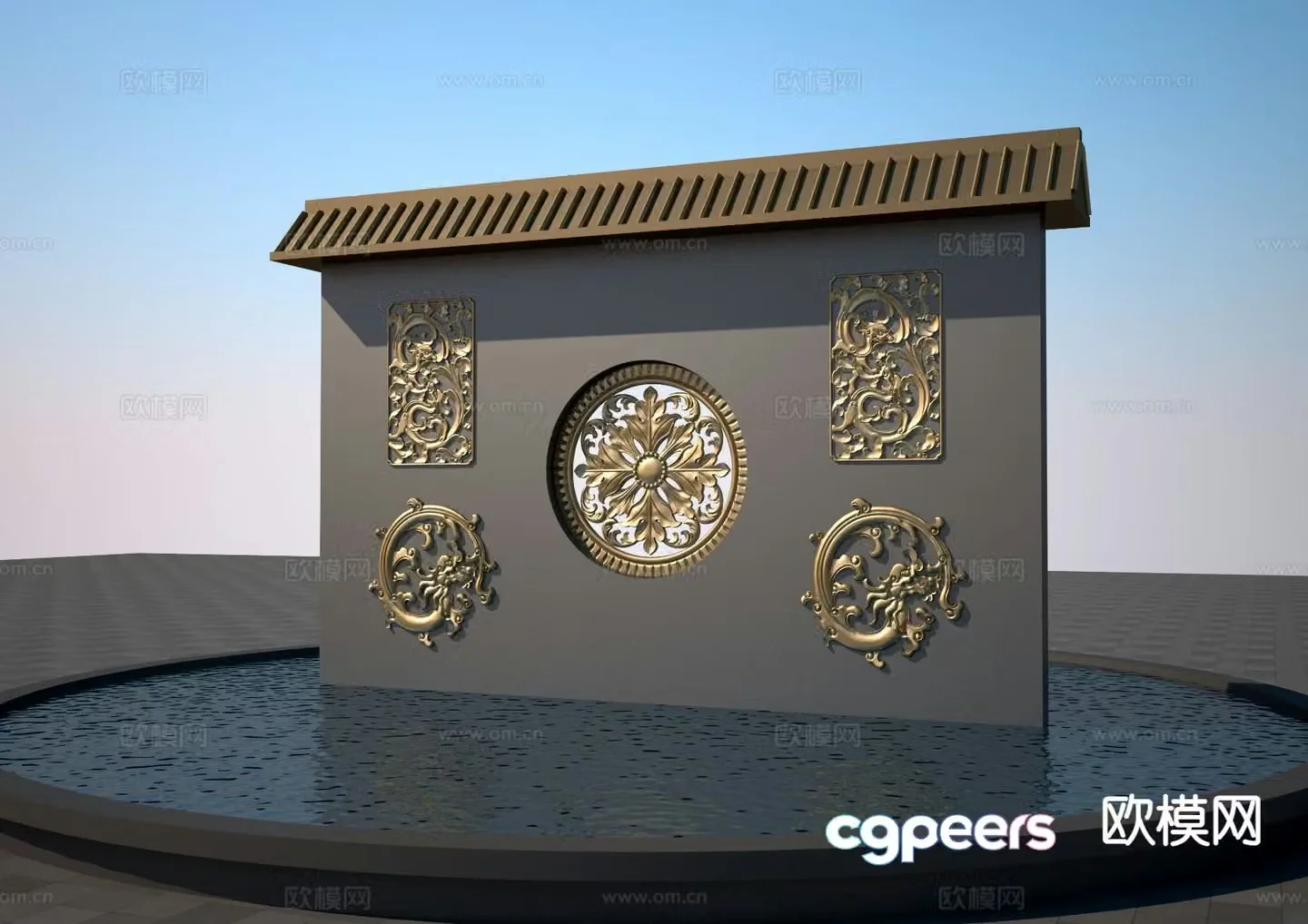 New Chinese style window grille relief landscape wall 3D model