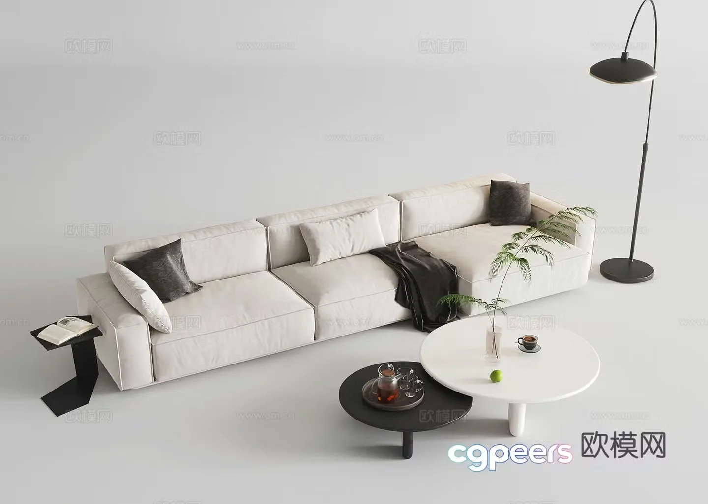 Multi-person sofa three-person sofa fabric sofa floor lamp sofa coffee table combination 3D model