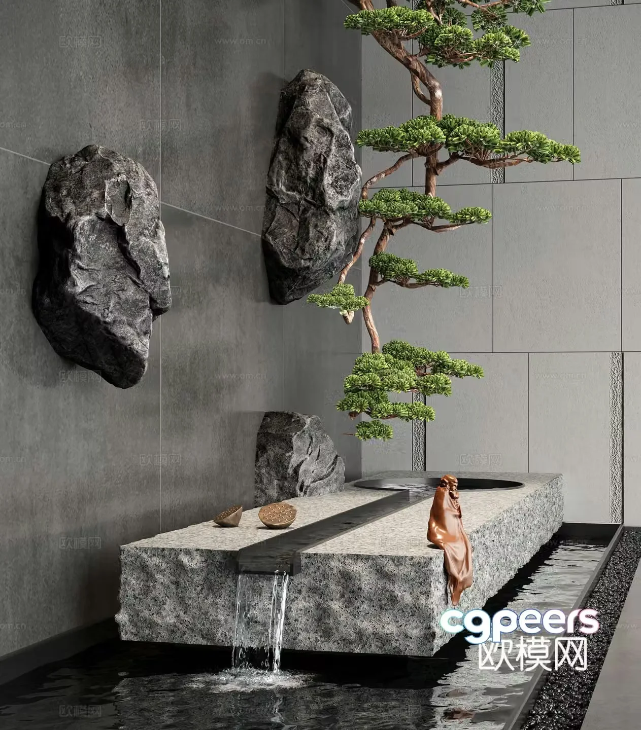 Modern water landscape water bowl pool flowing water landscape stone hanging tree 3d model