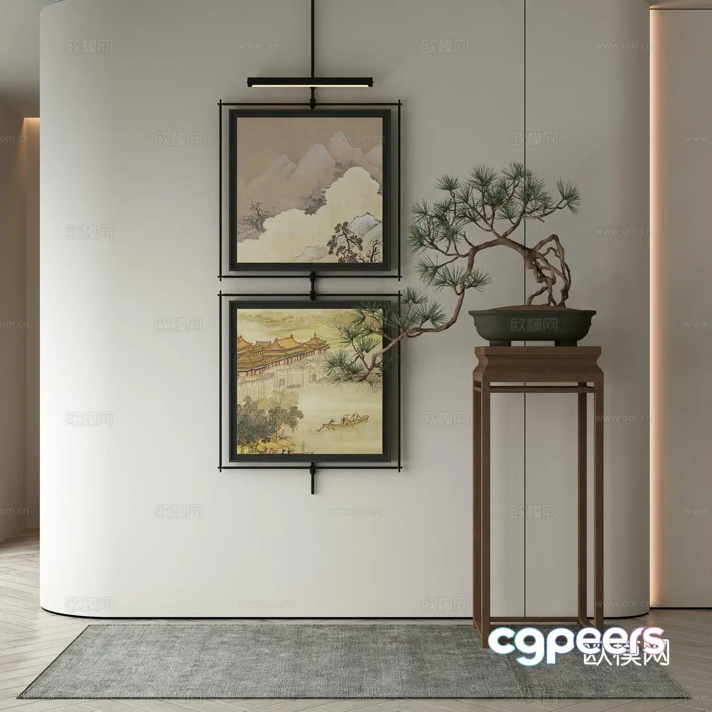 New Chinese style decorative painting retro hanging painting architectural painting 3D model