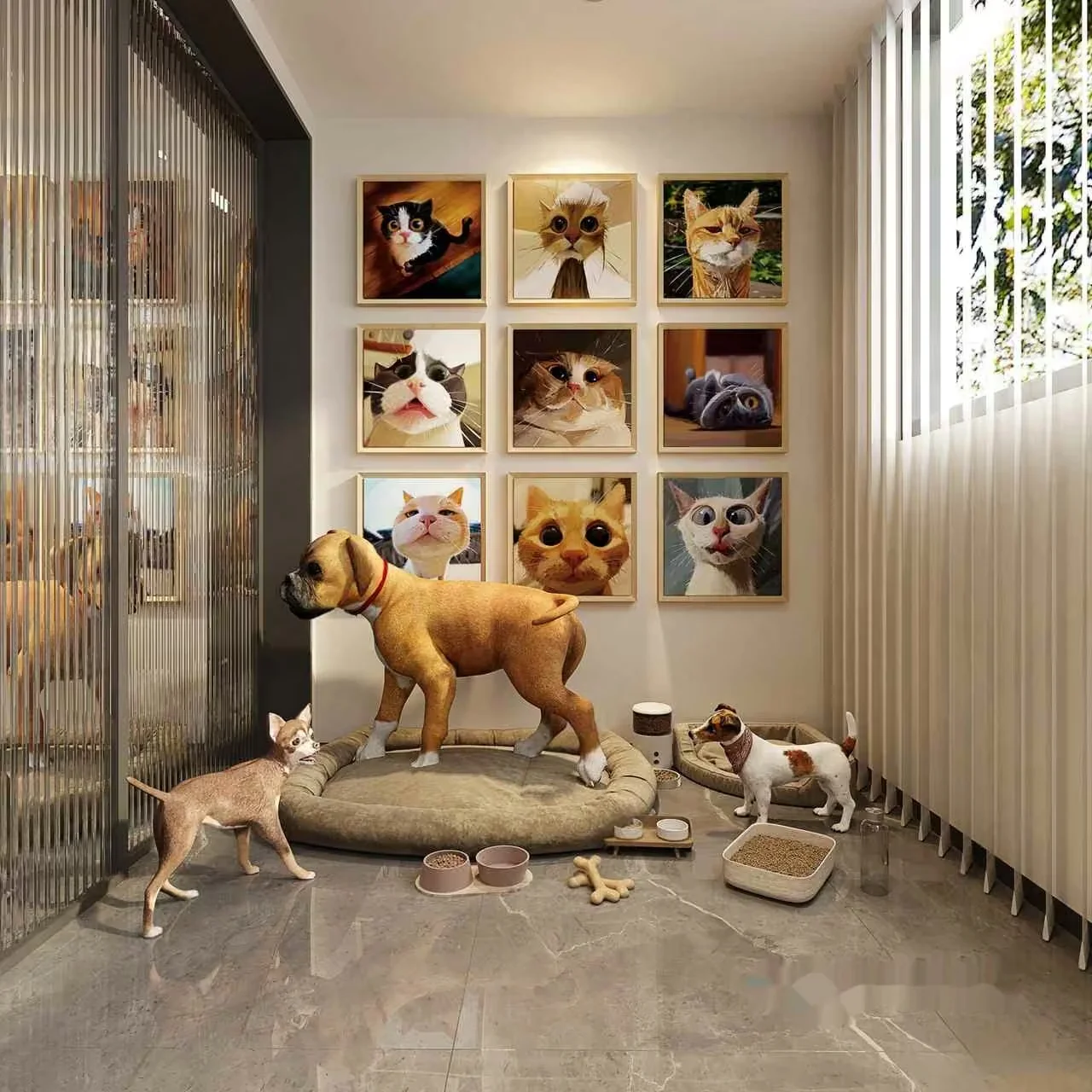 A Pet Room With Cat And Dog Figurines 3D Model – 11903 – VRAY Render