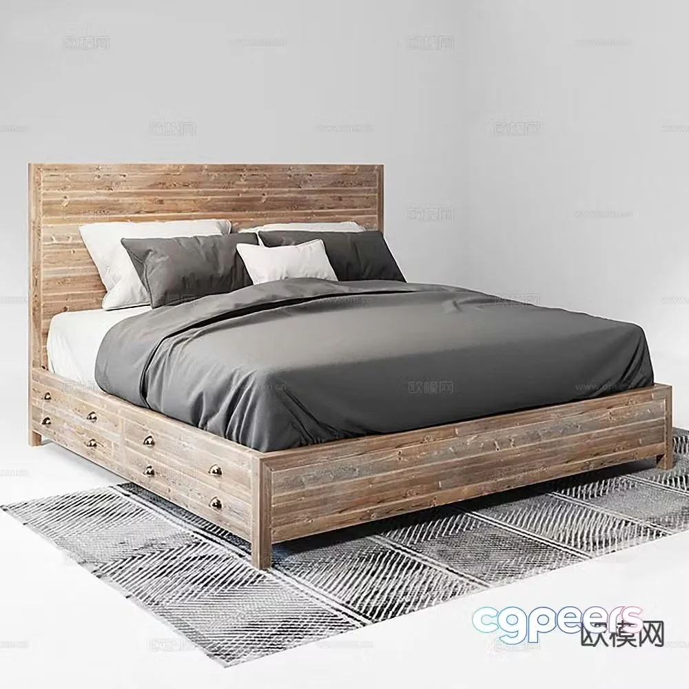 Log style double bed 3d model
