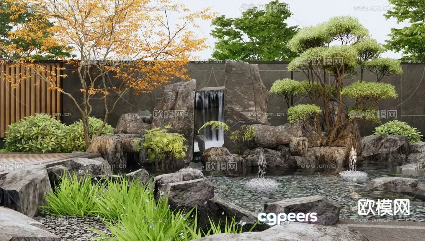 Chinese rockery waterscape courtyard fish pond 3D model