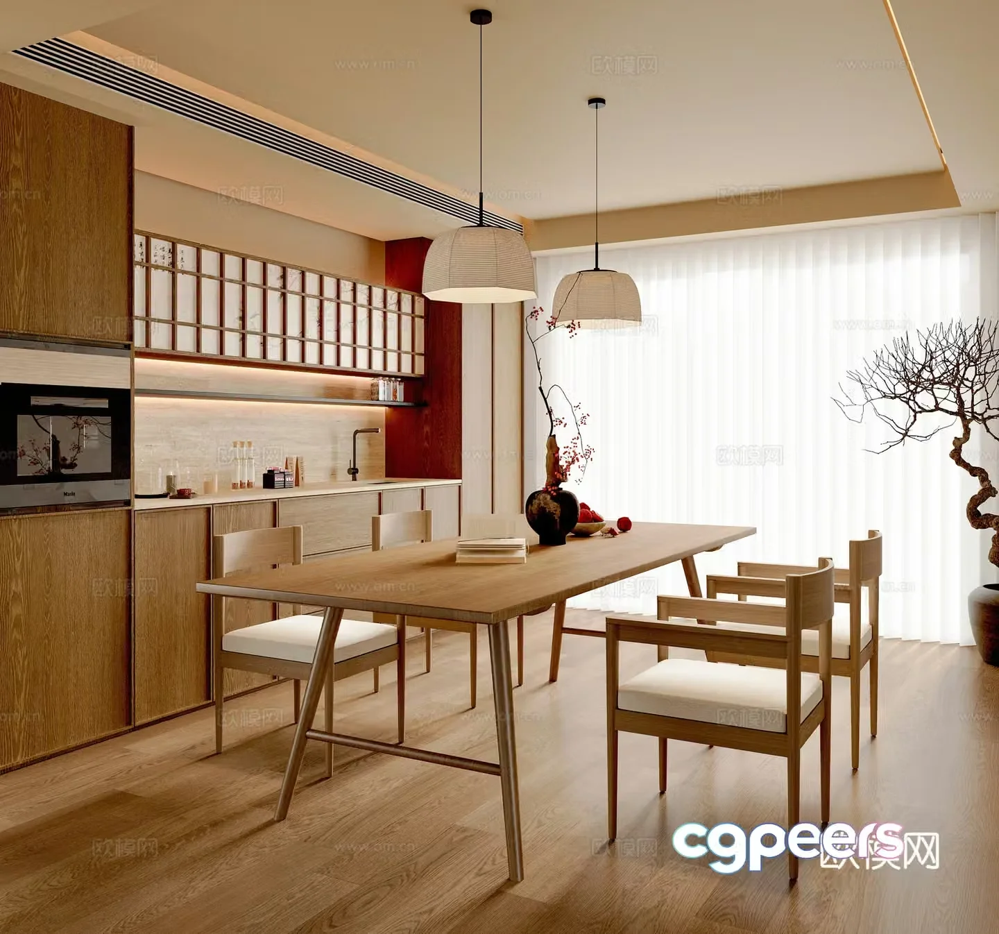 New Chinese restaurant Dining table and chairs Sideboard Decorative cabinet Chandelier Song style 3D model