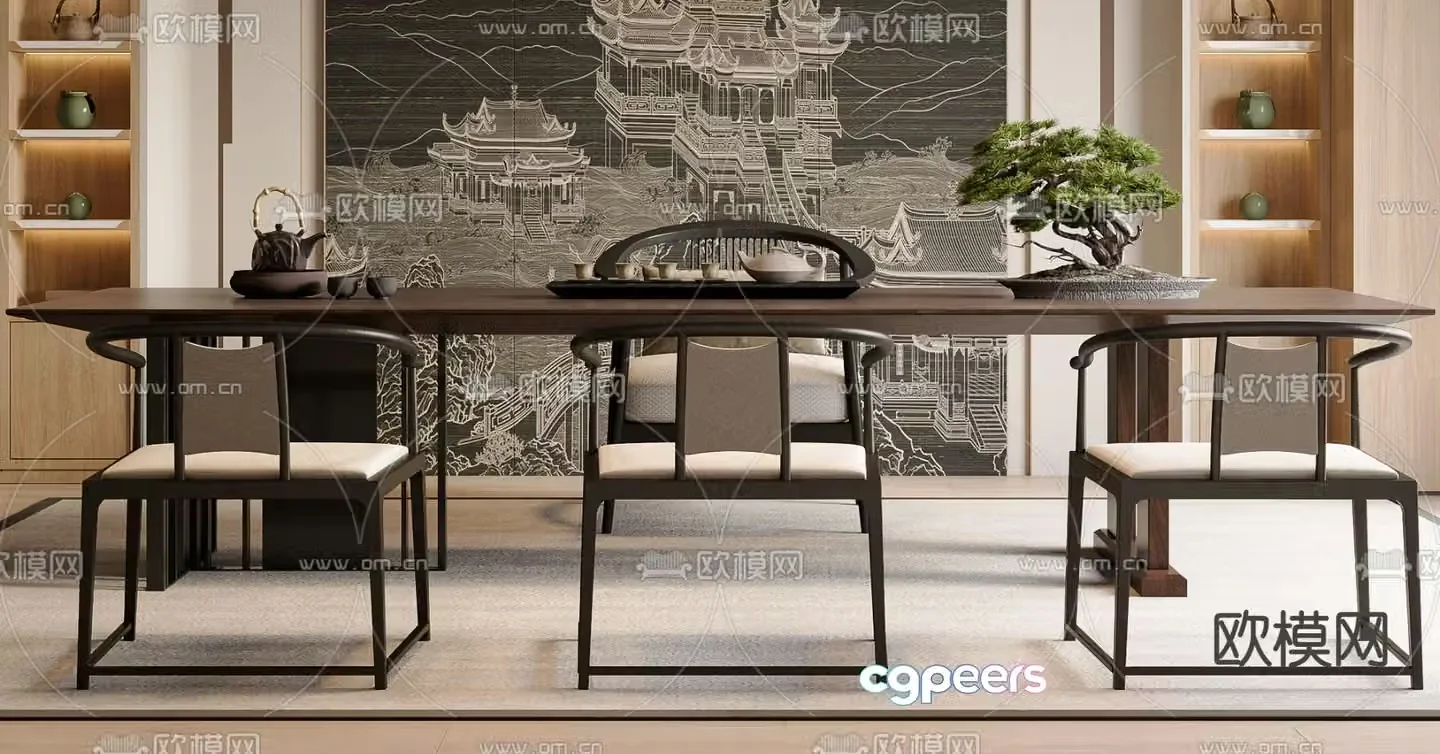 New Chinese tea table and chairs 3d model