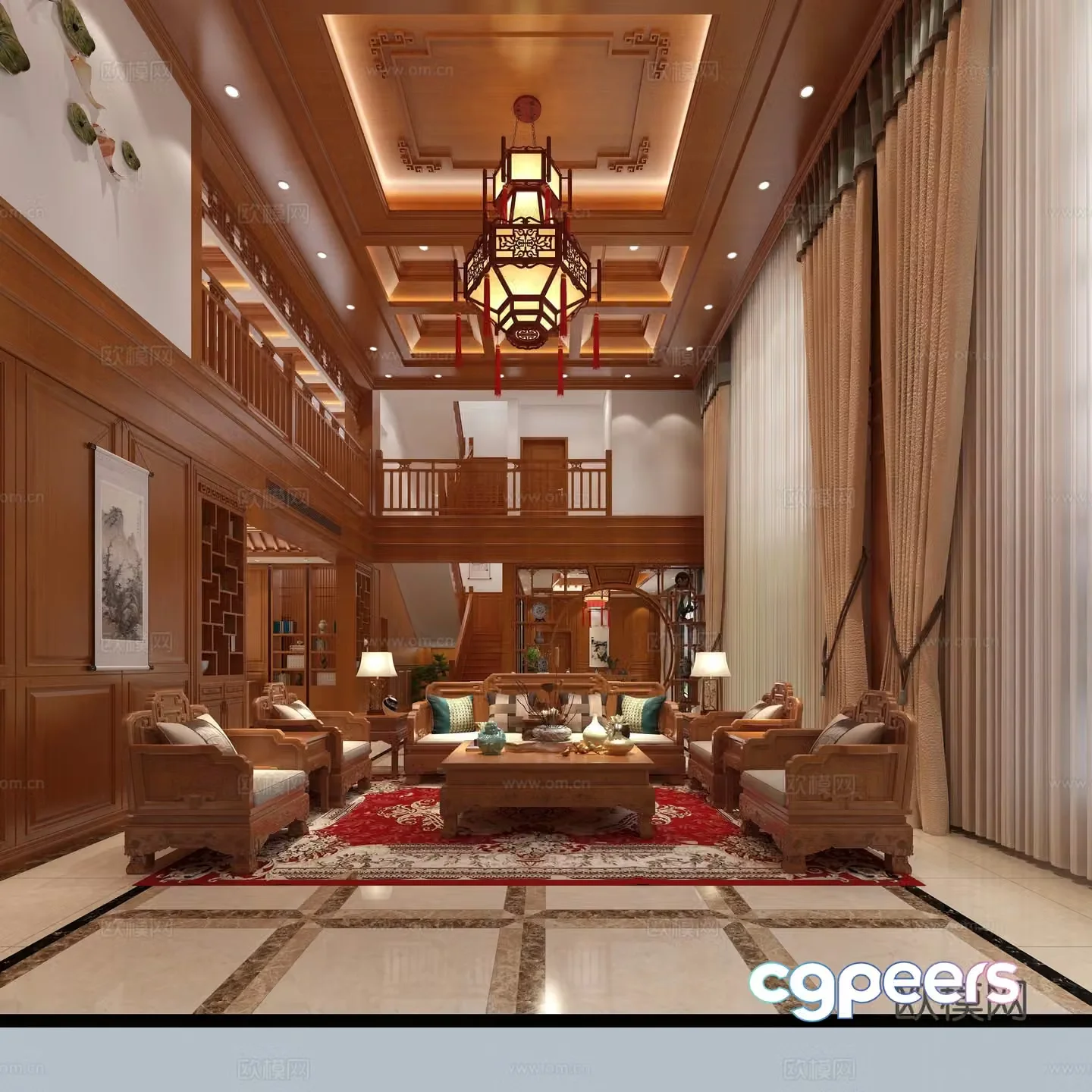 Chinese living and dining room sofa decorative painting chandelier 3d model