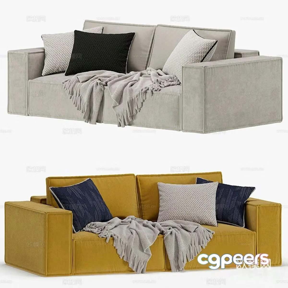 Modern minimalist double sofa fabric sofa Nordic sofa tofu block sofa combination sofa 3D model