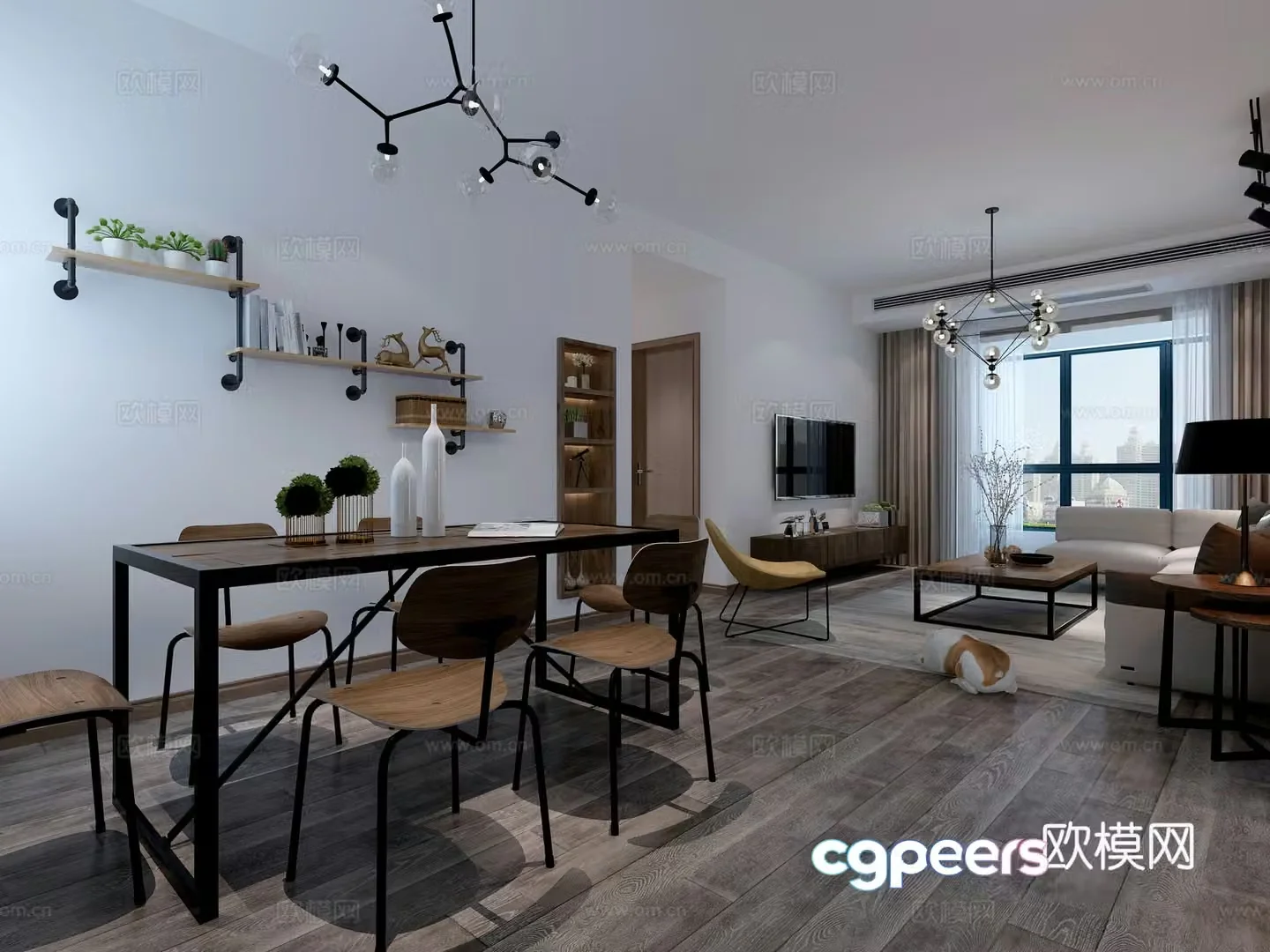 Industrial style dining room sofa coffee table dining table chair chandeliers painting shoe cabinet TV cabinet 3d model