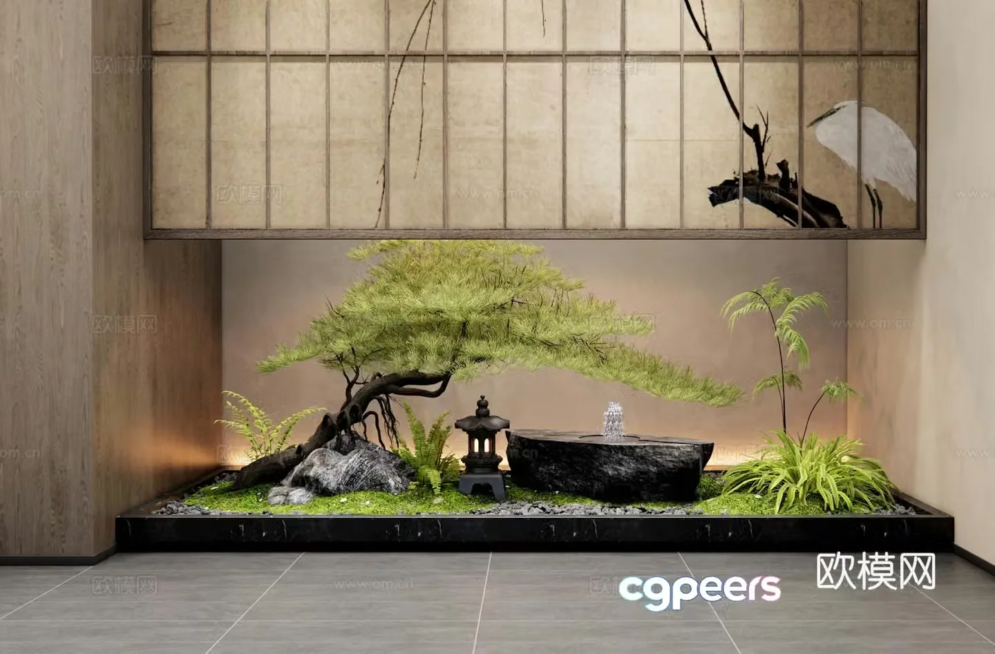 New Chinese style interior landscape patio interior landscape water bowl welcome pine stone courtyard small 3D model