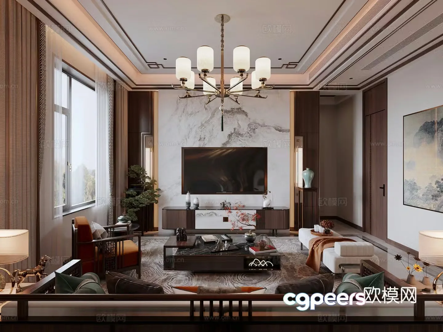New Chinese style villa living room TV background sofa coffee table combination chandelier green plant ornament 3D model