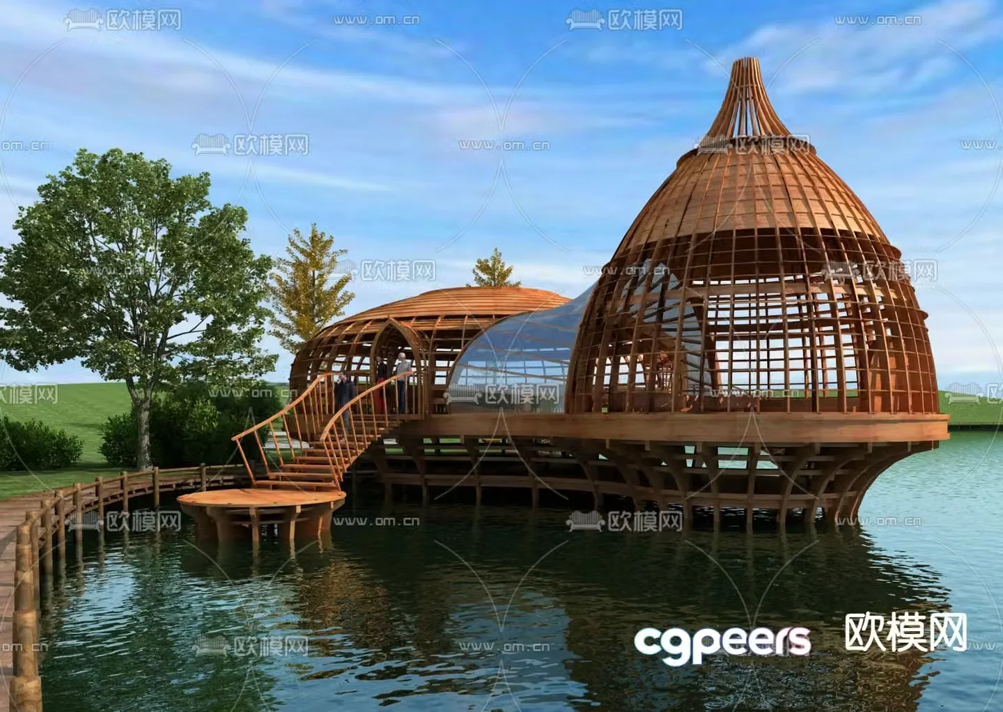 Water wooden house waterfront landscape 3d model
