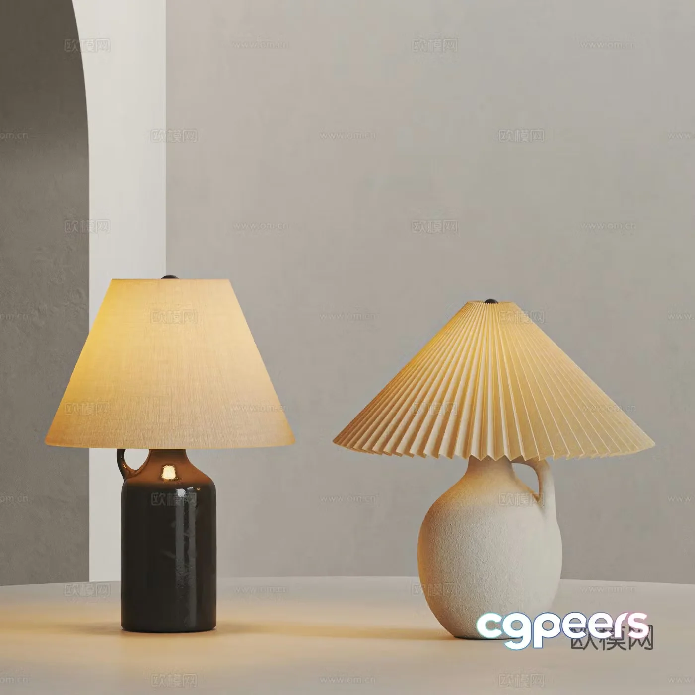 Middle-aged wind table lamp combination linen fabric table lamp pleated table lamp pot table lamp cream wind table lamp 3D model