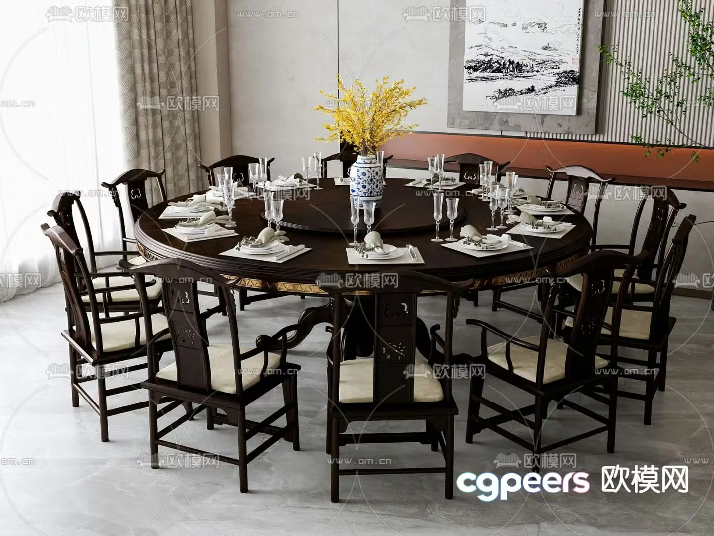 New Chinese dining table and chairs 3d model