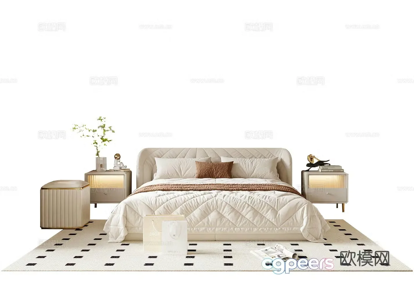 Creamy Double Bed 3D Model