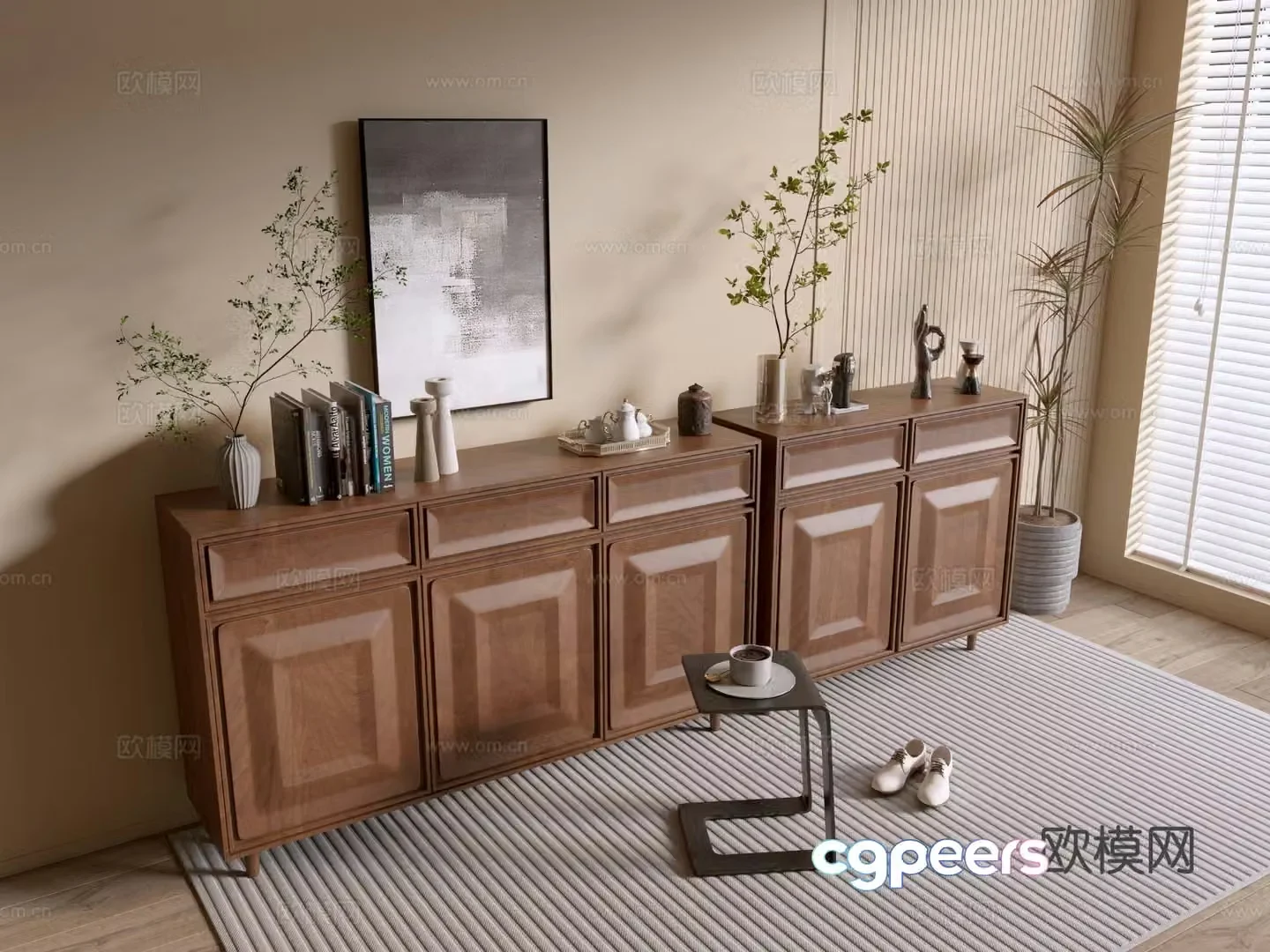 Log style entrance cabinet wood grain cabinet 3d model
