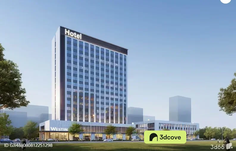 The Main Subject Is A Large Hotel Building Characterized By Its Modern Design