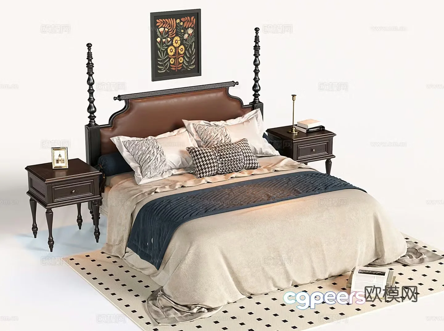 French double bed retro wooden bedside bedside table 3d model