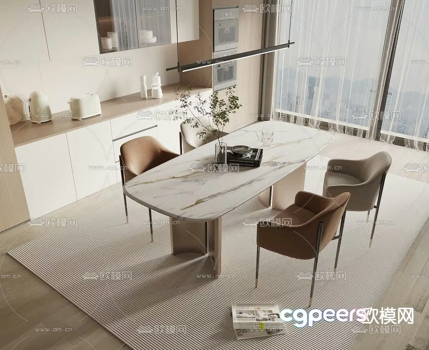 Long dining table and chairs 3d model