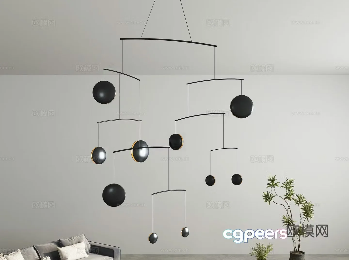 Modern villa empty hanging line light 3d model